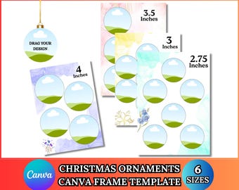 Pacote de modelos editáveis de enfeites de Natal redondos para Canva, modelo de Feliz Natal, designs de enfeites redondos, mockups de enfeites de Natal