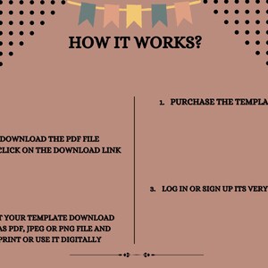 May include: A graphic with the text "HOW IT WORKS?" and numbered steps: Purchase the template, download the PDF file, log in, and edit the template. The background is a muted reddish-brown with decorative elements.