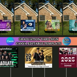 May include: A collection of graduation yard signs with personalized names and the year 2025. The signs feature photos of graduates and celebratory graphics. The signs are displayed in front of houses on a grassy lawn.