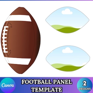 Könnte beinhalten: Ein brauner American Football mit weißen Schnürsenkeln und Streifen, begleitet von zwei ovalen Vorlagen mit hellblauem Himmel, weißen Wolken und grünen Hügeln. Der Text FOOTBALL PANEL TEMPLATE und 2 DESIGNS ist deutlich zu sehen.