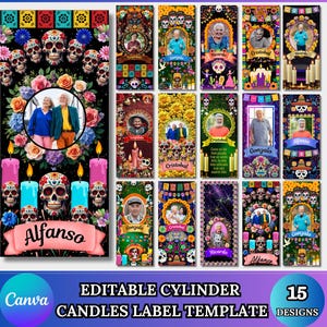 Dia De Los Muertos, Day of the Dead Candle Labels for Tall Cylinder Candles, Dia de los Muertos Altar Decor Stickers, Velas Etiquetas