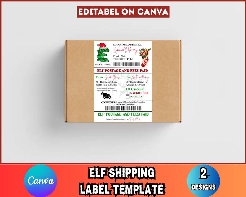 Elf Rings Label EDITABLE Elf Shipping Label, Printable Elf Arrival Box Shipping Label ...