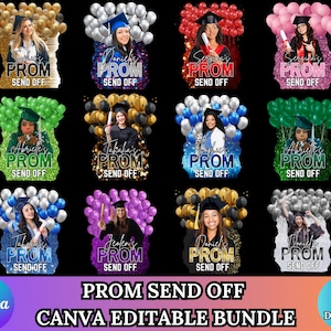 Puede incluir: Una colección de 12 gráficos digitales para anuncios de despedida de graduación. Cada diseño presenta una foto de un graduado, globos y las palabras "PROM SEND OFF". El paquete incluye 20 diseños y es editable en Canva.