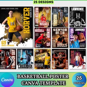 Könnte beinhalten: Eine Sammlung von 25 Basketball-Poster-Designs. Jedes Poster zeigt einen Spieler mit seinem Namen, seiner Nummer und Teamdetails. Die Poster haben ein dynamisches Design mit Actionaufnahmen und fettem Text. Die Canva-Vorlage wird ebenfalls beworben.