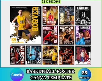 Modelo editável de pôster de basquete no Canva, pôsteres esportivos de basquete, banner personalizado, fundo de basquete, banners para formandos, download digital