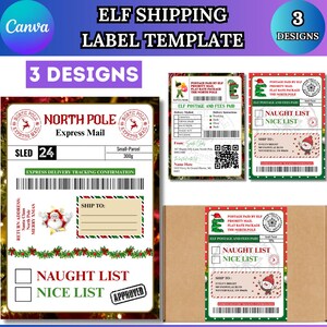 Könnte beinhalten: Eine digitale Vorlage für Elf-Versandetiketten. Das Design umfasst drei verschiedene Etikettenstile mit festlichen Weihnachts-Grafiken, darunter der Weihnachtsmann, Elfen und der Text "Böse Liste" und "Gute Liste."