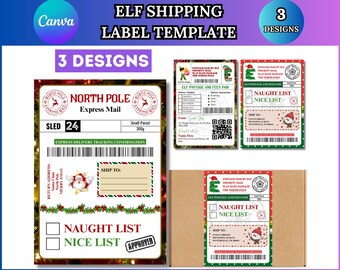Etiqueta de envio de elfo, modelo de etiqueta adesiva de correio de elfo, etiqueta de presente de Natal, etiqueta de envio de elfo, entrega oficial do Papai Noel no Polo Norte