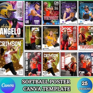 May include: A collection of 15 softball poster templates with various player images. Each poster features a player's name, position, team name, and year. The posters have a dynamic design with vibrant colors and action shots.