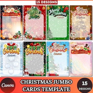 Könnte beinhalten: Eine Sammlung von Weihnachtskarten-Vorlagen mit verschiedenen Designs. Jede Karte zeigt festliche Elemente wie den Weihnachtsmann, Schnee und Weihnachtsbäume. Die Karten bieten Platz für Personalisierungen und enthalten den Text "Merry Christmas". Das Bild enthält auch den Text "15 Designs".