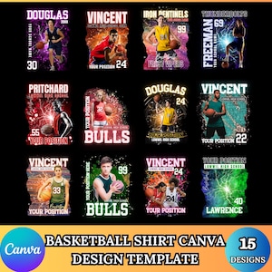 Pode incluir: Um modelo de design para camisas de basquete. A imagem exibe 15 designs de camisas diferentes com nomes de jogadores, números e nomes de equipes. Cada design apresenta um gráfico de jogador com uma bola de basquete e as cores da equipe.
