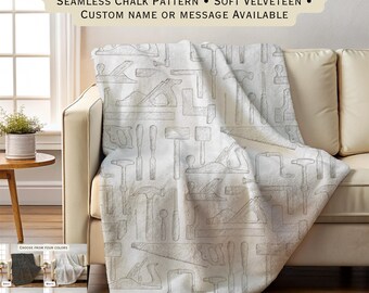 Vintage Woodworking Tools Blanket, Chalk Tool Pattern Throw, Personalized Woodshop Gift, Seamless Tool Print Blanket, Gift for Woodworkers