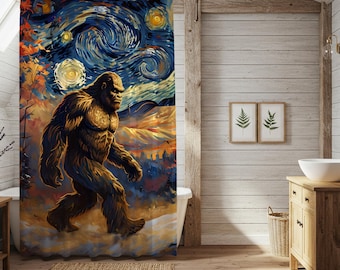 Bigfoot Shower Curtain, Starry Night inspired, Night Sky Shower Curtain, Sasquatch Moonlight Bathroom Decor, Forest Mythical Creature