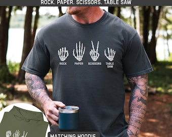 Woodworking Shirt, Woodworker Gift Tee, Funny Skeleton Hand Carpenter and Woodworking Apparel, Paper Rock Scissors Table Saw