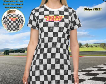 Race Day Ready Dress, Distressed Black White Checkered, Motocross Dirtbike Racing Fan, Custom Name & Number Option, Neon Pink Yellow