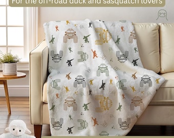 Personalized Off Road Gift Name Blanket & Plush Animal Gift Set | Custom Baby Blanket w/ 4x4 Trucks | Matching Stuffed Animal | Trail Gift