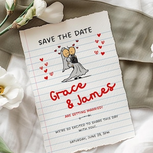 Spaß sparen die Datums-Einladung, einzigartige Hochzeit speichern die Daten, Hand gezeichnet Doodles Hochzeitseinladung, benutzerdefinierte Illustrationen Hochzeitseinladung
