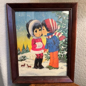Vintage Big Eye Kids Winter Poster von Lee – 1970er Jahre Kitsch Weihnachtsdekoration mit Rahmen