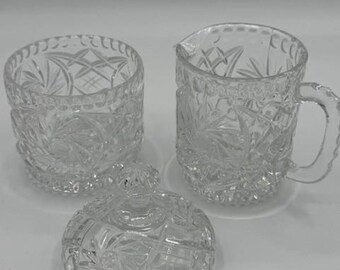 Vintage Cut Glass Sugar Bowl & Creamer Set – Pressed Crystal Starburst Pattern