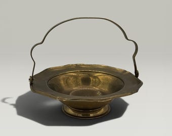Vintage Solid Brass Handled Basket | Handmade Indian Brass Bonbon Dish | Scalloped Catchall Bowl Decor