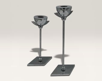 Pair of Vintage Chrome Candlestick Holders – Mid-Century Modern Tall Candle Holders