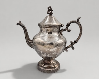 Vintage Silver-Plated Teapot – Ornate Footed Tea Pot with Decorative Handle – Aged Patina – Antique-Inspired Table Décor