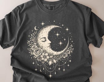 Crescent Moon Shirt Celestial Floral Graphic Tee Comfort Colors® Mystical T-Shirt