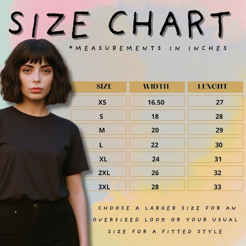 K&ouml;nnte beinhalten: Eine Gr&ouml;&szlig;entabelle mit Ma&szlig;en in Zoll f&uuml;r T-Shirts. Die Tabelle listet die Gr&ouml;&szlig;en XS bis 3XL mit den entsprechenden Breiten- und L&auml;ngenma&szlig;en auf. Der Text ermutigt, eine gr&ouml;&szlig;ere Gr&ouml;&szlig;e f&uuml;r einen &uuml;bergro&szlig;en Look oder die &uuml;bliche Gr&ouml;&szlig;e f&uuml;r einen figurbetonten Stil zu w&auml;hlen.