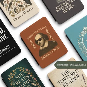 May include: A collection of book covers with various designs and text. One cover features a portrait of William Shakespeare wearing sunglasses, with the text "Where There's a Will, There's a Play." Other covers have phrases like "Then I'll nest" and "Who really loved books and cats, it was me - The End."