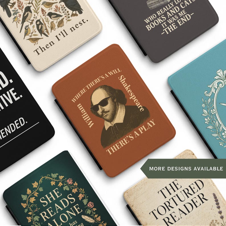 May include: A collection of book covers with various designs and text. One cover features a portrait of William Shakespeare wearing sunglasses, with the text "Where There's a Will, There's a Play." Other covers have phrases like "Then I'll nest" and "Who really loved books and cats, it was me - The End."