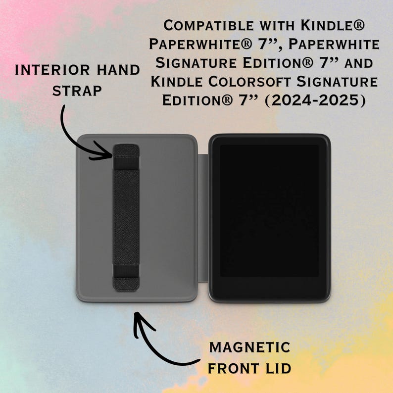 May include: A gray Kindle Paperwhite case with an interior hand strap and a magnetic front lid. The case is compatible with Kindle Paperwhite 7", Paperwhite Signature Edition 7", and Kindle Colorssoft Signature Edition 7" (2024-2025).