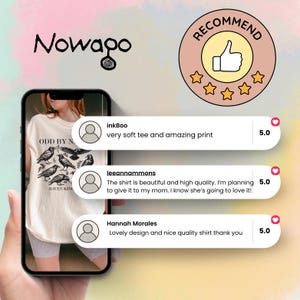 May include: A cream-colored t-shirt with a raven graphic and the text "ODD BY N RAVEN KING" is displayed on a phone screen. The image includes customer reviews and a "RECOMMEND" badge with a thumbs-up icon.