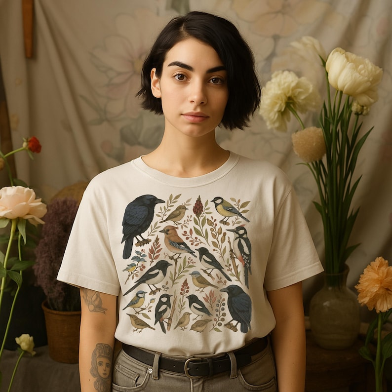 K&ouml;nnte beinhalten: Cremefarbenes T-Shirt mit einer detaillierten Illustration verschiedener V&ouml;gel und Bl&auml;tter. Das Design zeigt V&ouml;gel in Schwarz, Braun, Gelb und Wei&szlig; vor dem Hintergrund gr&uuml;ner und brauner Bl&auml;tter. Das Shirt hat einen klassischen Rundhalsausschnitt und kurze &Auml;rmel.