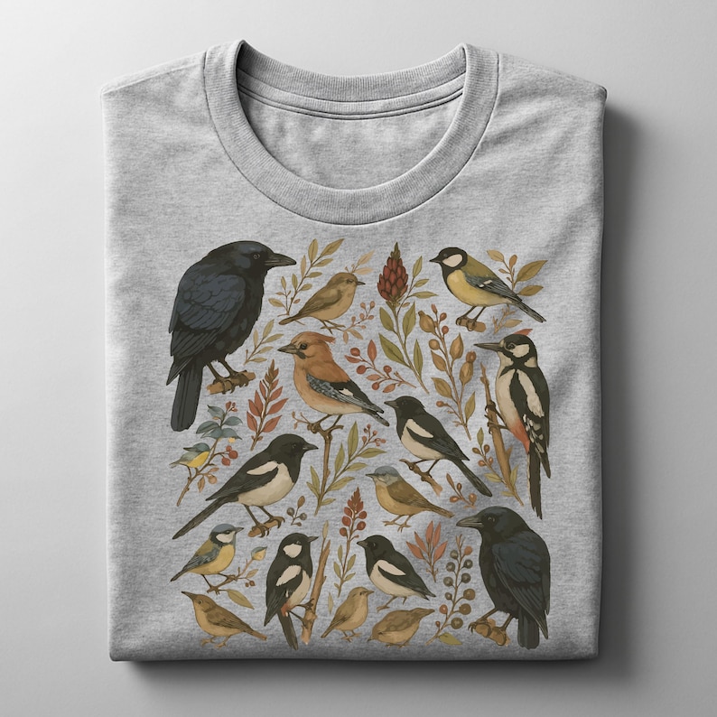 K&ouml;nnte beinhalten: Ein graues Rundhals-T-Shirt mit einer detaillierten Illustration verschiedener V&ouml;gel, darunter eine Kr&auml;he, eine Elster und ein Specht, inmitten botanischer Elemente. Das Design integriert Braunt&ouml;ne, Gr&uuml;n und Gelb und schafft eine von der Natur inspirierte &Auml;sthetik.