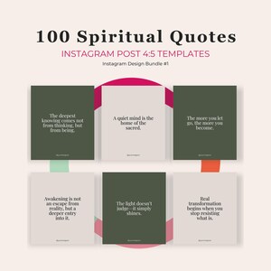 May include: A digital design bundle with six Instagram post templates featuring spiritual quotes. The templates have a neutral colour palette with text in white and dark green squares. The title reads "100 Spiritual Quotes".