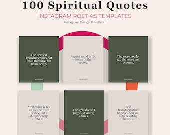 Könnte beinhalten: Ein digitales Design-Bundle mit sechs Instagram-Post-Vorlagen mit spirituellen Zitaten. Die Vorlagen haben eine neutrale Farbpalette mit Text in weißen und dunkelgrünen Quadraten. Der Titel lautet "100 Spiritual Quotes".