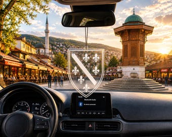 Adorno colgante para coche de Bosnia – Charm de acrílico con forma de flor de lis – Decoración para espejo retrovisor Sarajevo Sebilj – Regalo de Bosnia – Accesorio para coche bosnio