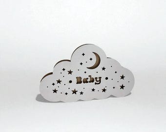 Personalized wooden cloud lamp - LED night light with engraved name - Birth or child's room gift