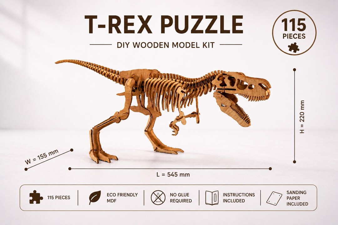 T-rex Puzzle DIY Kit | Large Wooden Dinosaur Model | 115 Piece 3D ...