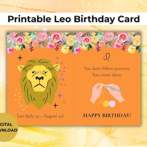 Leo Birthday Card Printable | Zodiac Crochet Card | Digital 5x7 Foldable | Fire Sign Art | For Knitters, Makers & Creators