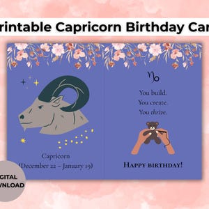 Carte d'anniversaire Capricorne imprimable | Carte du zodiaque numérique pour les artisans | Capricorne saison 5 x 7 | Cadeau bricolage au crochet pour tricoter
