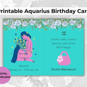 Carte d'anniversaire Verseau imprimable | Carte du zodiaque pour artisans | Cadeau pour amateur de tricot et crochet | Numérique 5 x 7 | Cadeau pour les fans d'astrologie
