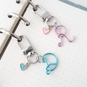 May include: Two silver-toned metal lobster clasp keychains attached to metal binder rings. One keychain features a pink letter R charm and a small pink heart charm. The other keychain features a blue letter D charm and a small blue heart charm.