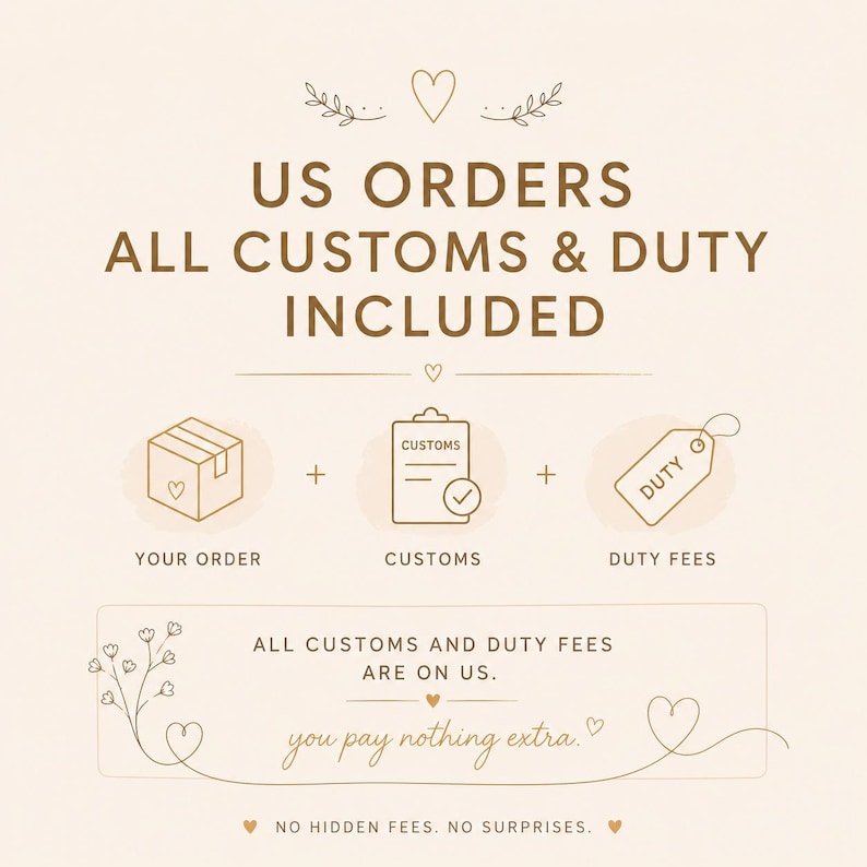 Może przedstawiać: Beżowa infografika z brązowym tekstem i ikonami liniowymi. Tekst brzmi: US ORDERS ALL CUSTOMS & DUTY INCLUDED. Poniżej znajdują się ikony pudełka, formularza celnego i etykiety opłaty celnej. Dodatkowy tekst głosi: ALL CUSTOMS AND DUTY FEES ARE ON US. you pay nothing extra. NO HIDDEN FEES. NO SURPRISES.