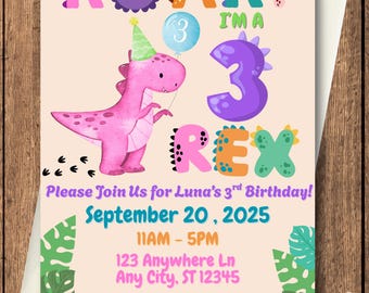 Roar I'm a Three Rex Birthday Custom Invitation • Customized 3rd Birthday Invite • T-Rex Theme • Printable Invitation