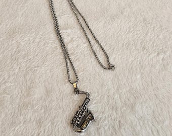 Stainless Steel Saxophone Necklace – Musical Instrument Pendant – Music Lover Gift – Jazz Necklace – 60cm Chain – Saxophone Pendant
