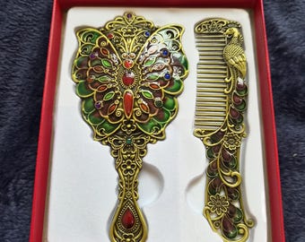 Ornate Peacock Butterfly Hand Mirror Comb Set – Vintage Style Vanity Accessory