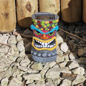 tiki man statues , solar powered light hand painted colourful tiki bar decor, hawaiian tiki bar, tropical patio decor,summer garden ornament