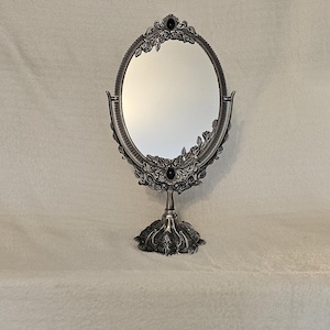 Vintage Victorian Style Large Metal Makeup Mirror with Stand silver toned Double Sided Swivel Oval Dressing Mirror,Antique Inspired Tabletop