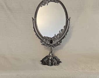 Vintage Victorian Style Large Metal Makeup Mirror with Stand silver toned Double Sided Swivel Oval Dressing Mirror,Antique Inspired Tabletop