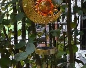 vibrant wind chime, crescent moon and sun, solar powered garden light,solar powered wind chimes, garden decor, patio decor,garden essentials